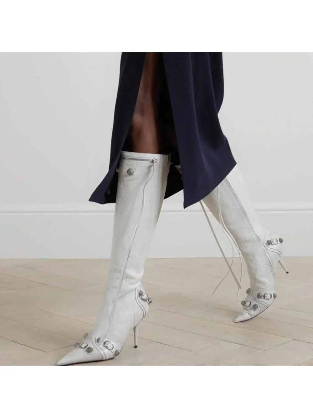 Women's White Faux Leather Zipper Trendy Sexy Pointed Toe Knee High Boots